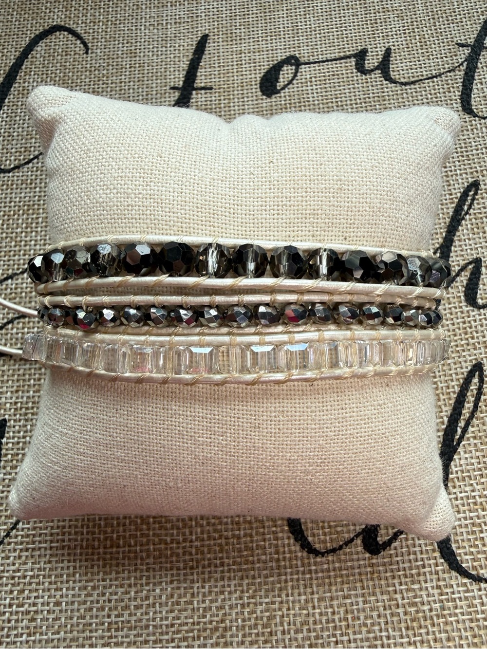 Victoria Emerson Silver and Black Beaded Wrap Bracelet Pearlized Leather Fancy